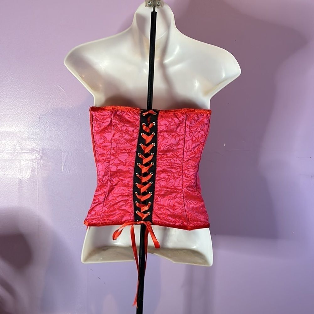 Shirley of Hollywood Pink Red Lace-Up Bustier Corset Small Lingerie Sexy Top - Picture 2 of 5